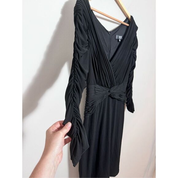 TADASHI Black Long Ruched Sleeve Deep V Neck Draped Evening  sheath Dress size L - Picture 4 of 7
